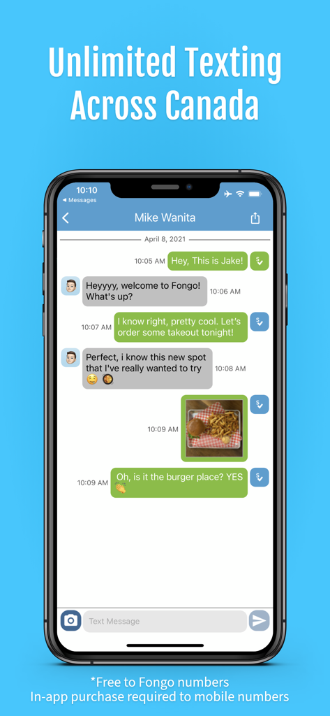 Fongo World Edition - Fongo World Editionアプリのインターフェイスで、カナダ全土への無制限テキストメッセージのヘッドラインが表示されたテキストメッセージの会話のスクリーンショット。