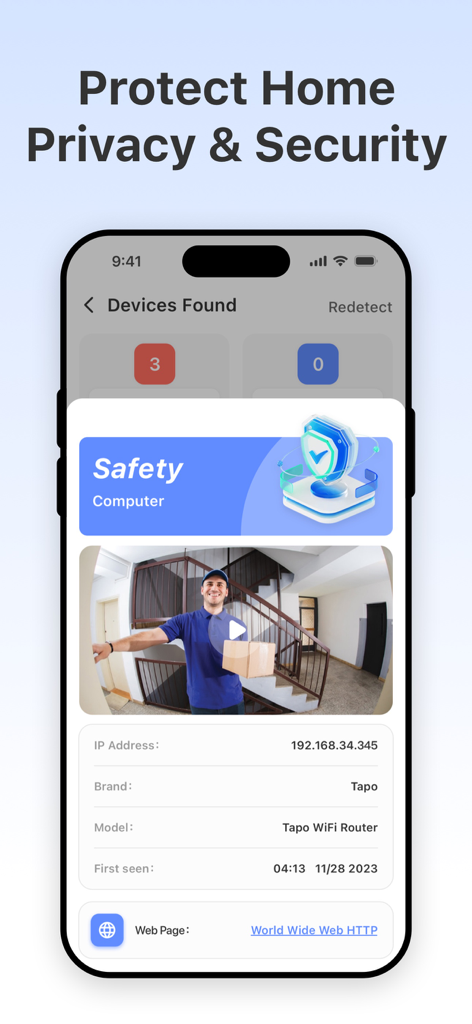 Camera Connect - Home Security - Interfaz de la aplicación Camera Connect que muestra detalles de dispositivos de red para seguridad del hogar.