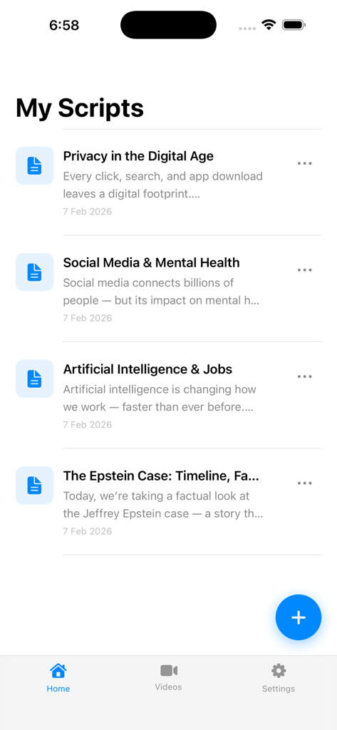 Teleprompter Pro for Creators - Dashboard showing a list of saved video scripts with titles and summaries in the Teleprompter Pro app interface.
