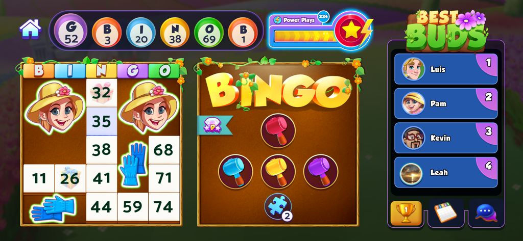 Bingo Bash gameplay showing a garden themed bingo card and live player leaderboard