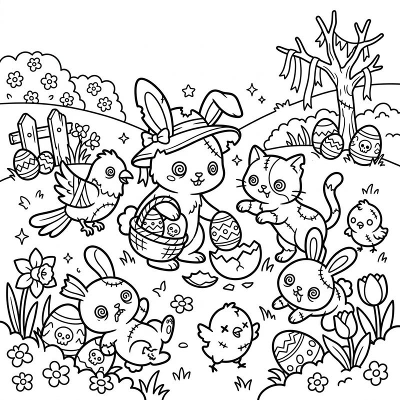 Get ready for an Easter celebration like no other with these adorable yet spooky zombie animals! This unique coloring page combines festive spring joy with a delightfully undead twist, perfect for those who love a bit of quirky charm.