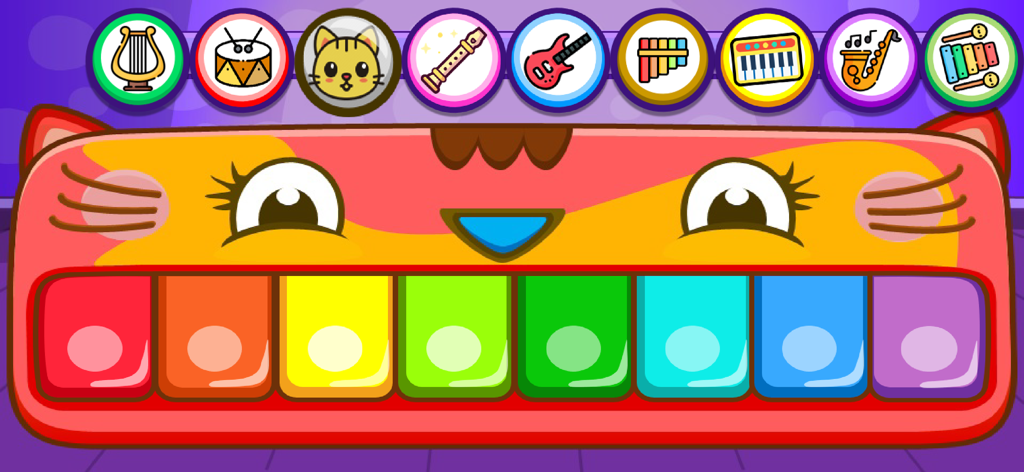 Piano Kids - Music & Songs NEW - Colorful cat shaped piano with rainbow keys and musical instrument icons for toddlers