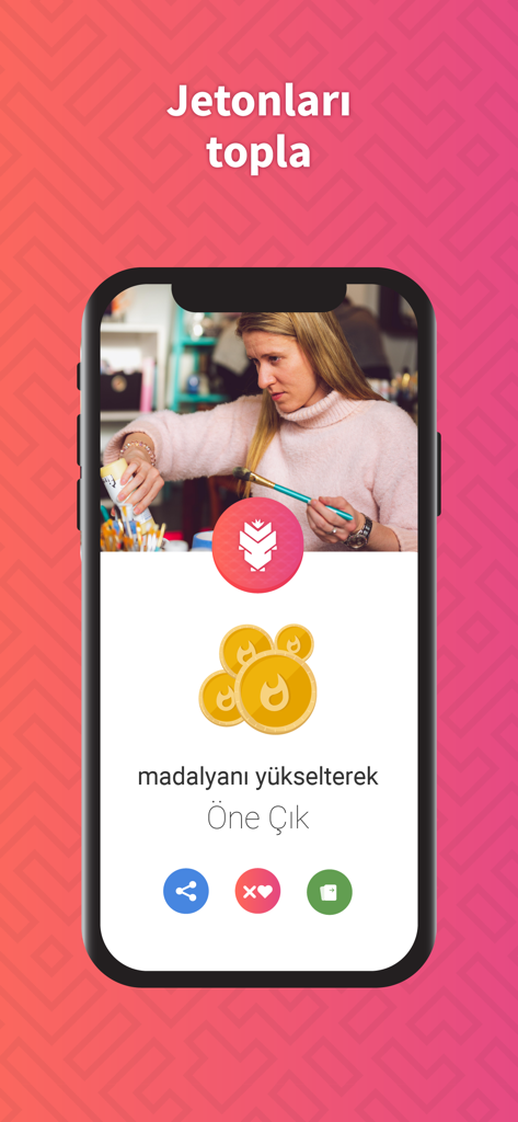 Tela do aplicativo Ribony mostrando o sistema de coleta de tokens e upgrade de medalhas para descoberta social.