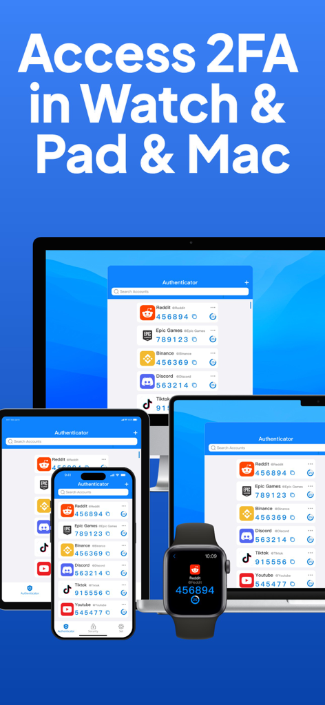 La interfaz de la aplicación Authenticator muestra códigos 2FA en iPhone, iPad, Mac y Apple Watch