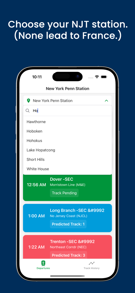 NJT Departures: Predict Tracks - NJ Transit departure screen showing predicted tracks for trains from New York Penn Station