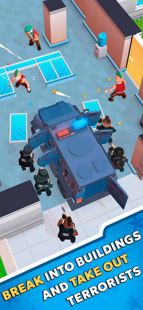 SWAT: Squad Tactics - Top-down view of a SWAT team exiting an armored van to engage enemies in a building