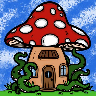 cartoon mushroom house with tentacles