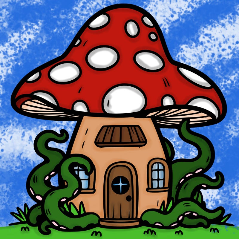 cartoon mushroom house with tentacles