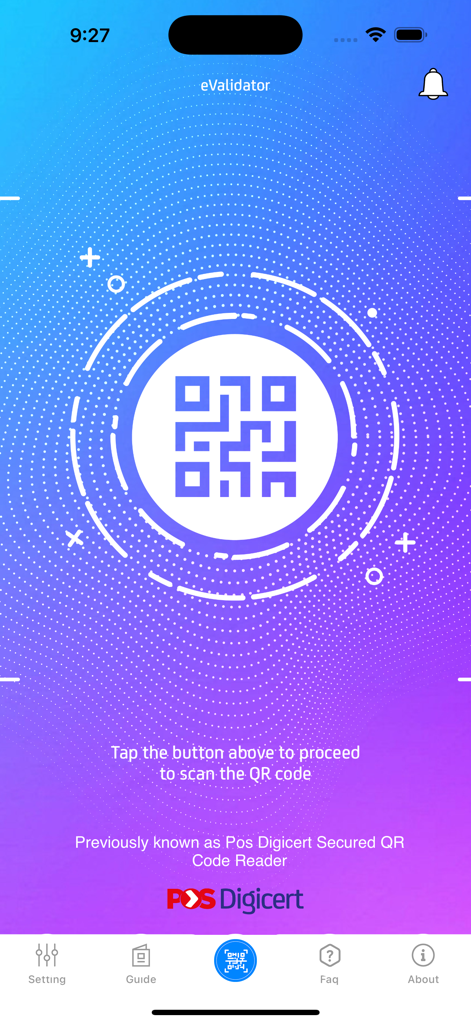 eValidator - The main interface of the eValidator app featuring a central QR code scan button and a navigation bar at the bottom.