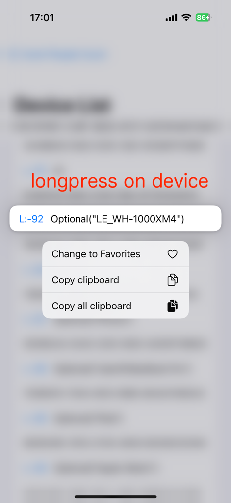 Event People Count - Kontextmenü für ein erkanntes Bluetooth-Gerät mit Optionen zum Favorisieren oder Kopieren von Daten