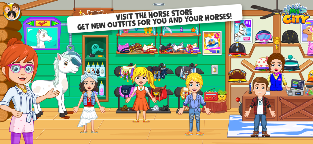 A colorful horse store in My City Star Stable Club showing characters, a horse, and various riding outfits and accessories.