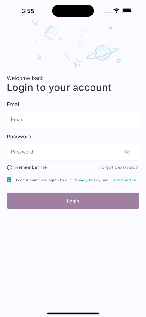 Hamzah Academy - Login screen for Hamzah Academy app with email and password fields.