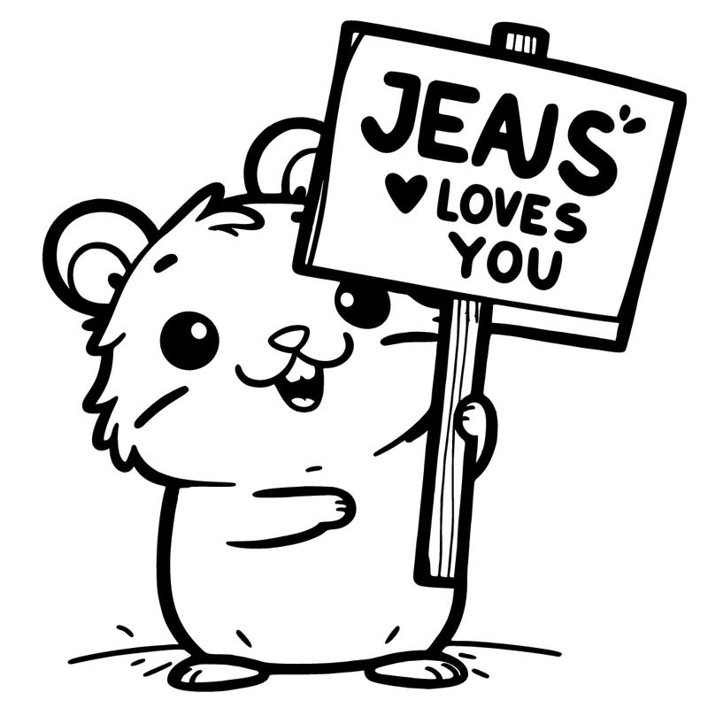 hamster holding a sign that says jeaus loves you