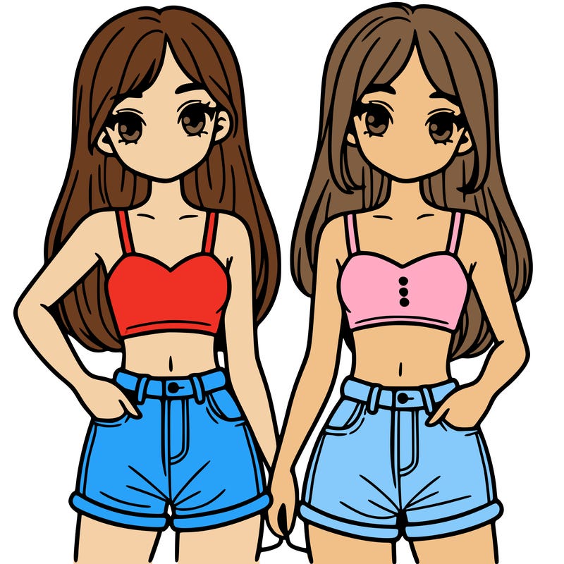 two sisters with crop tops and jean shorts and straight hair