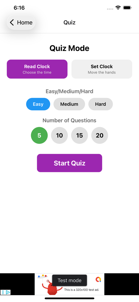 Quiz mode setup screen for Learn Time and Clock for Kids showing difficulty levels and number of questions options