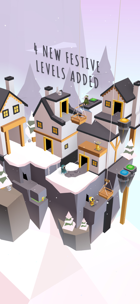 Three explorers in a snowy village level from Path of Giants showing new festive content