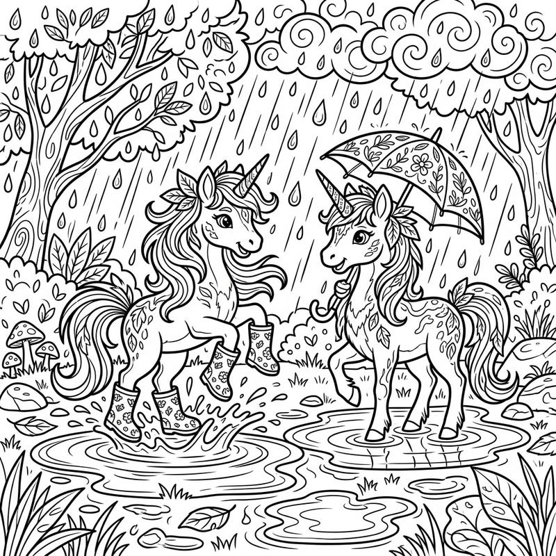 Join two enchanting Earth Unicorns as they make the most of a whimsical rainy day, splashing in puddles and sharing an umbrella. This delightful coloring page invites you to bring their magical world to life with your favorite colors.