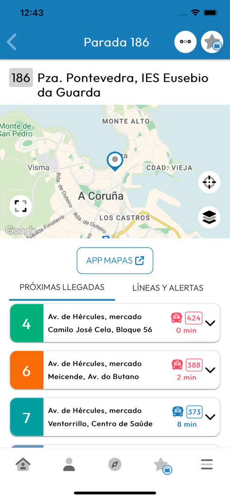 Interfaz de App Coruña mostrando un mapa y horarios de llegada de autobuses en tiempo real para paradas de transporte público