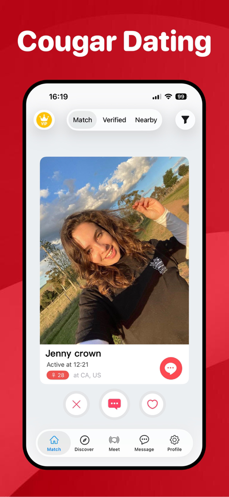 Cougar Dating - match meet app - Cougar Dating App Benutzeroberfläche, die ein Match-Profil mit Optionen zum Liken oder Chatten zeigt