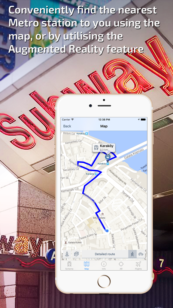 Istanbul Metro Guide app map view showing a walking route to Karakoy station