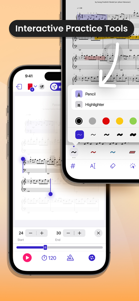 Learn Piano – OKTAV - iPhone screens displaying the OKTAV app with interactive sheet music and annotation tools like pencil and highlighter