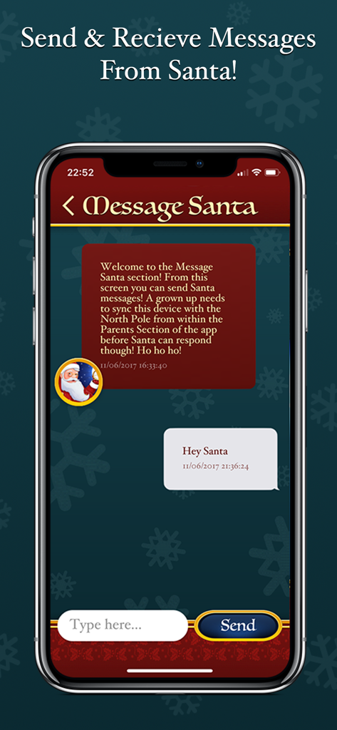 Speak to Santa™ Christmas Call - Mobile screen showing the Speak to Santa app messaging interface with a chat bubble from Santa and a user response