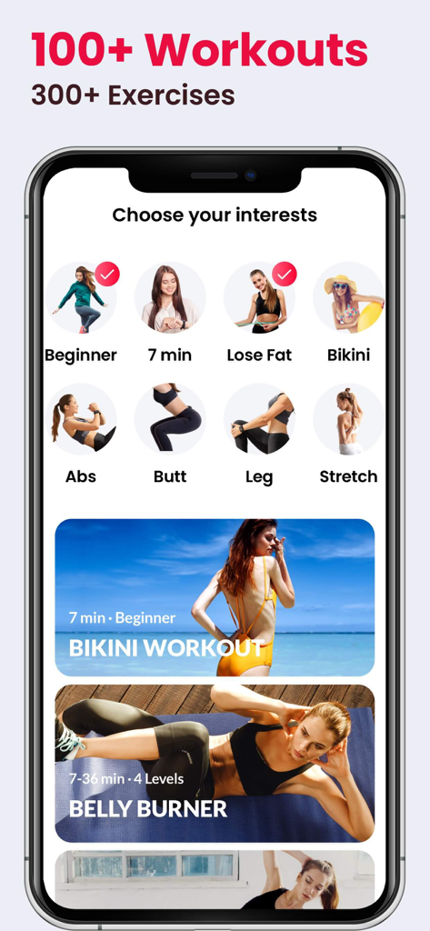 Screenshot of the Women Workouts app displaying various fitness categories like beginner, lose fat, and bikini workout plans.