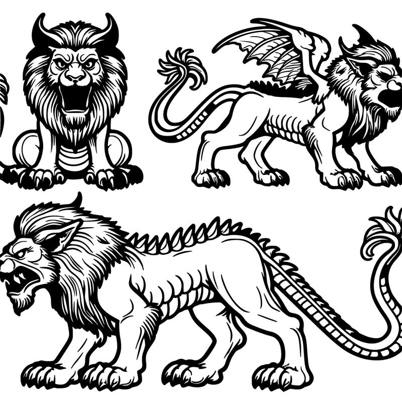 manticore - legendary creature with the body of a lion, a human head with three rows of sharp teeth, and a tail with poisonous spines