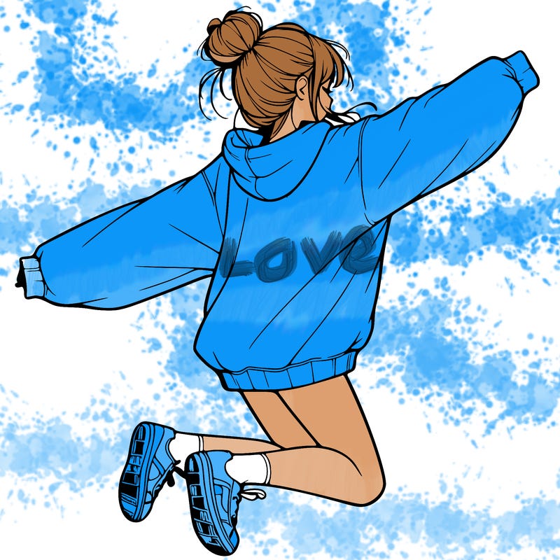 realistic girl jumping with a bun and oversized sweatshirt