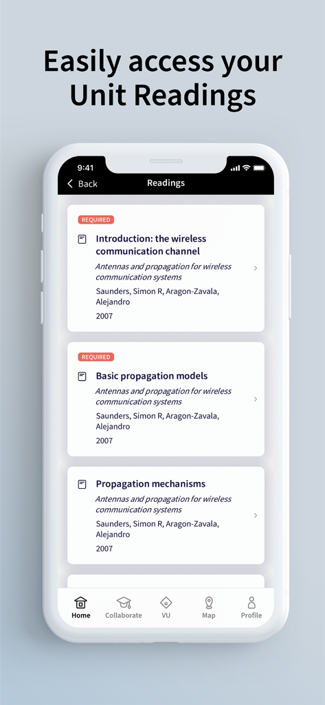 Victoria University App showing a list of required unit readings for students