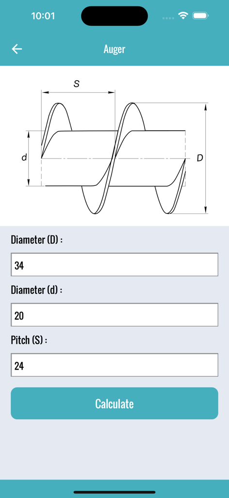 Flat Pattern Bend Calculator - Auger layout tool interface showing a technical diagram and input fields for diameters and pitch