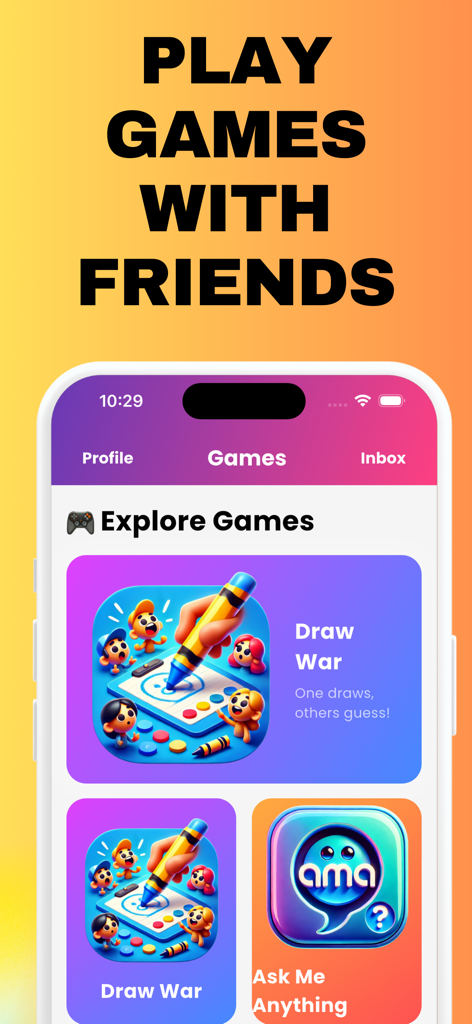 Mobile app interface of Rizz Up showing the games library with social party games like Draw War and Ask Me Anything