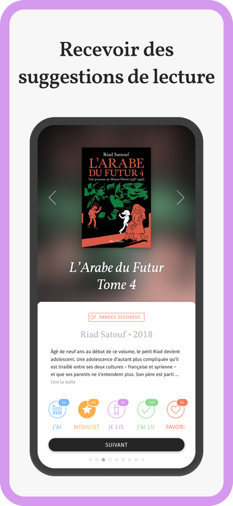 Gleeph app interface showing a book recommendation for L'Arabe du Futur with library management buttons like wishlist and favorites