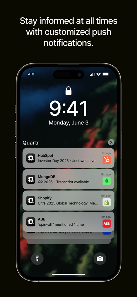 Quartr: Financial Research - Smartphone lock screen displaying customized investor notifications from the Quartr app