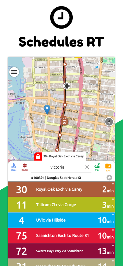 Victoria Transit BC - Victoria Transit BC app displaying real-time bus arrival times and route map