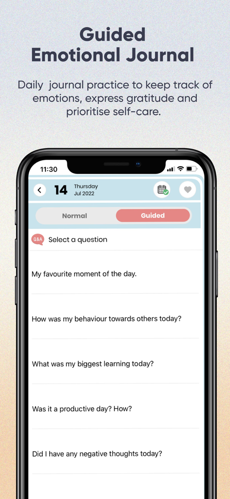 ThinkRight: Meditation & Sleep - ThinkRight app interface showing a guided emotional journal with daily reflection prompts.