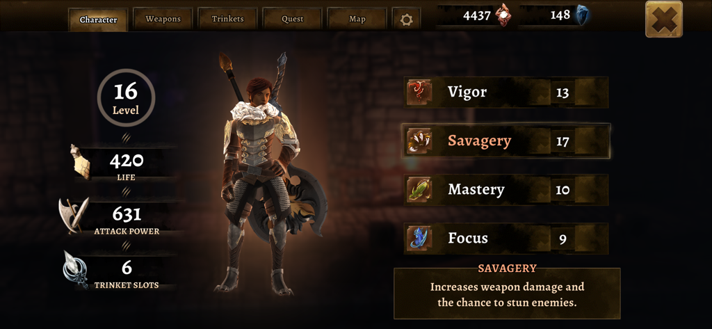 Grimvalor character menu showing level sixteen warrior and attribute stats like vigor and savagery
