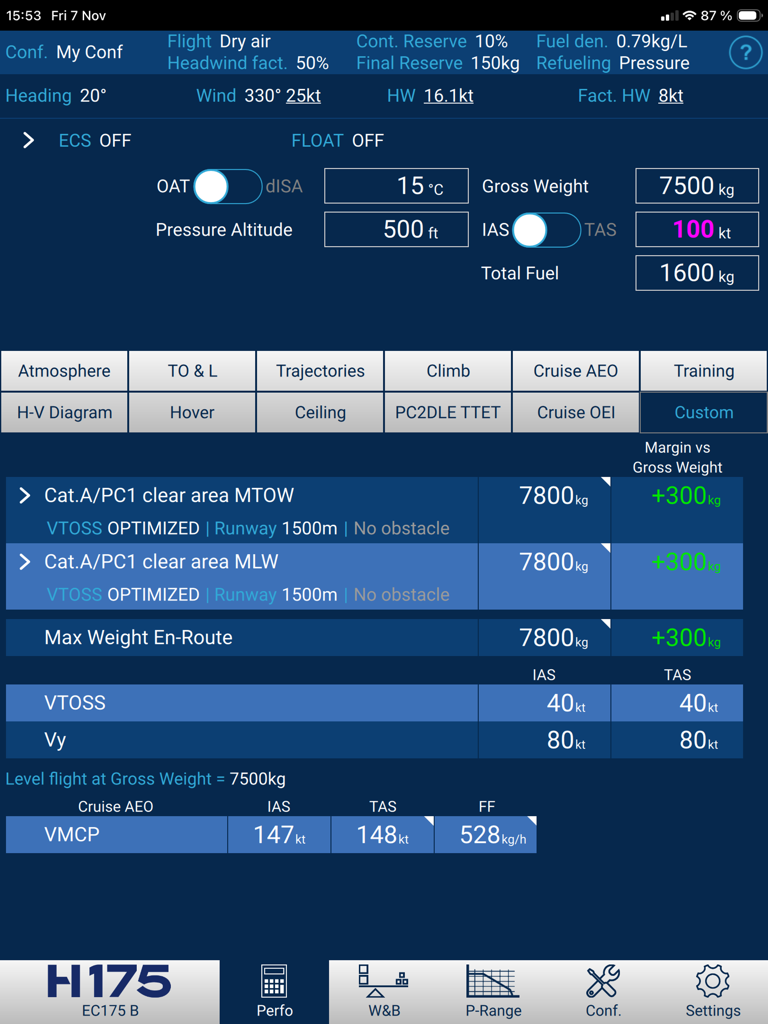 H175 Flight Perfo - Pantalla de cálculo de rendimiento de vuelo del helicóptero Airbus H175 que muestra el peso al despegue y los datos de crucero.