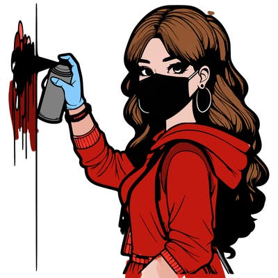 realistic girl with mask spray painting a wall