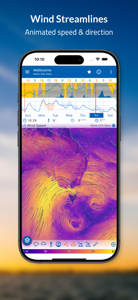 Flowx weather app interface showing animated wind streamlines and meteorological graphs for Melbourne
