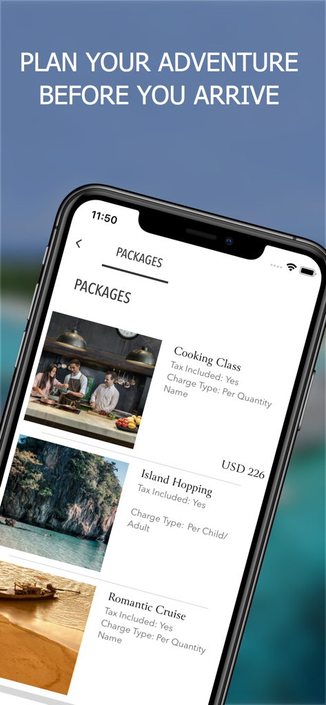 A mobile app interface displaying luxury travel packages including cooking classes and island hopping