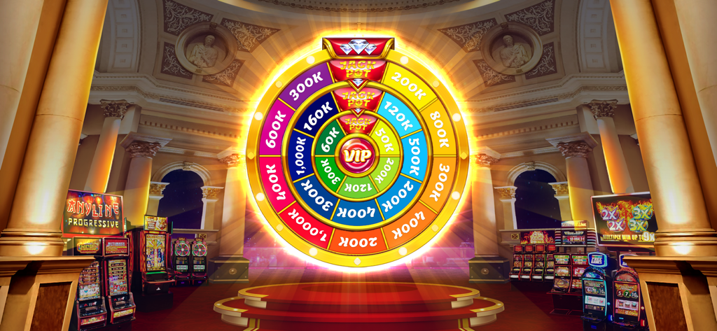 A glowing VIP bonus wheel in a luxurious casino hall with slot machines in the background