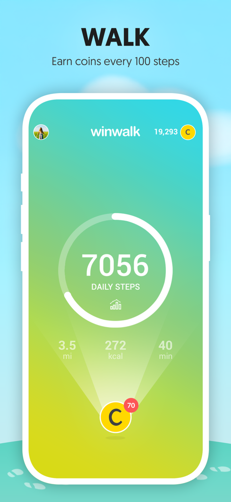 Winwalk - Get Paid To Walk - Winwalkモバイルアプリのインターフェース。7,000歩の日々の歩数と獲得した報酬コインが表示されています。