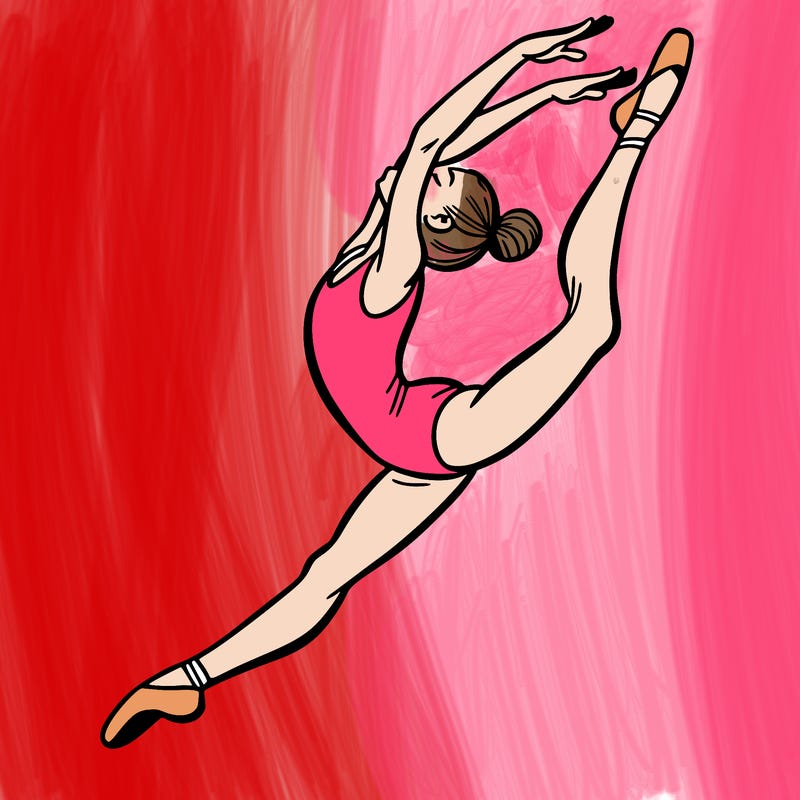 gymnast doing a leap in a leotard with a bent back leg