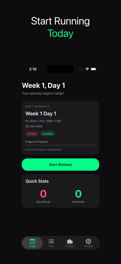 Panel de la app Empieza a Correr De Cero a 5K mostrando el plan de entrenamiento de la Semana 1 Día 1 con un destacado botón verde Iniciar Entrenamiento en una interfaz oscura y minimalista