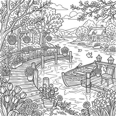 Drift into a peaceful spring day with this enchanting coloring page featuring bustling river docks adorned with vibrant blooms. Discover a charming cottage across the water and a rowboat awaiting your artistic touch.