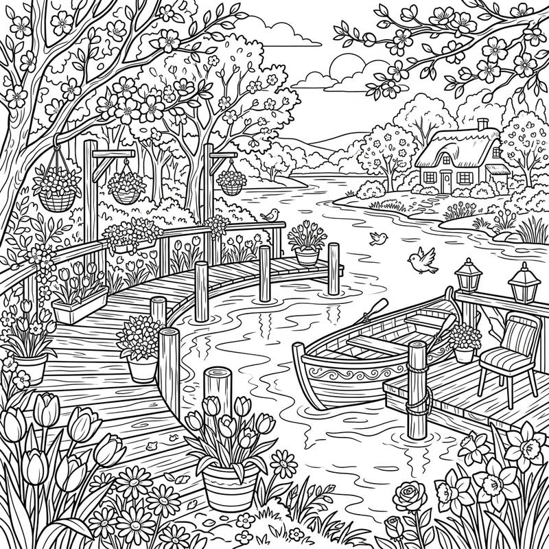 Drift into a peaceful spring day with this enchanting coloring page featuring bustling river docks adorned with vibrant blooms. Discover a charming cottage across the water and a rowboat awaiting your artistic touch.