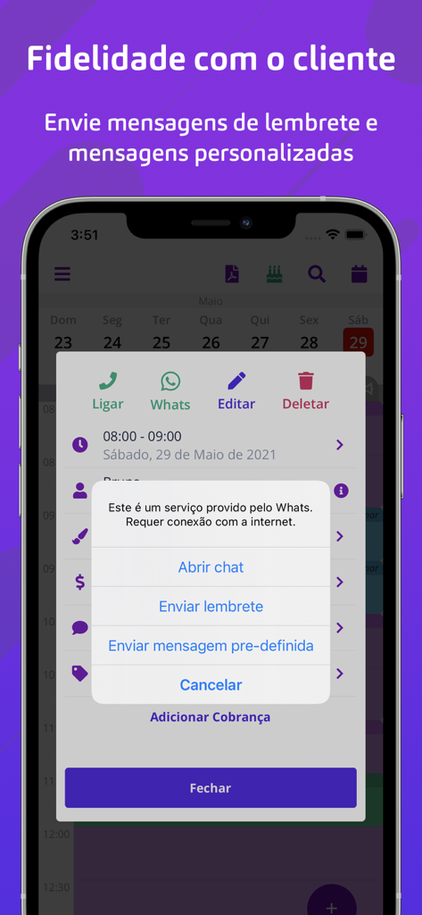 Écran de l'application Mon Agenda montrant les options WhatsApp pour envoyer des rappels de rendez-vous et des messages personnalisés aux clients.