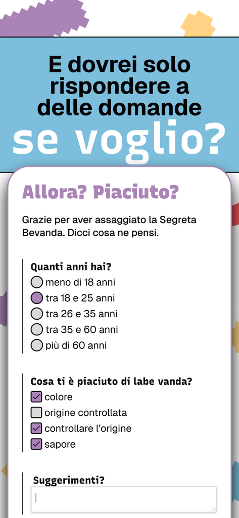 Tiè - Interface of the Tie app showing a product feedback questionnaire for a free sample