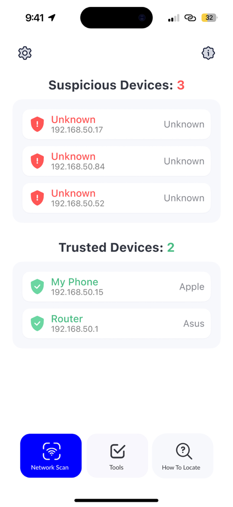 WiFi Network Scanner, Analyzer - Una pantalla de la aplicación WiFi Network Scanner que muestra una lista de dispositivos sospechosos y de confianza conectados a una red.